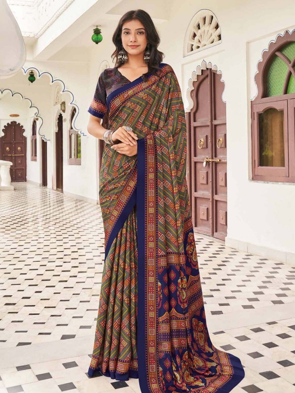 Stone Blue Crepe Silk Digital Print Saree